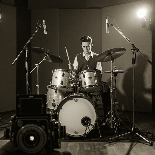 Videoproductie in muziekstudio StudiOsb Geraardsbergen met muzikanten, opnameapparatuur en vintage sfeer